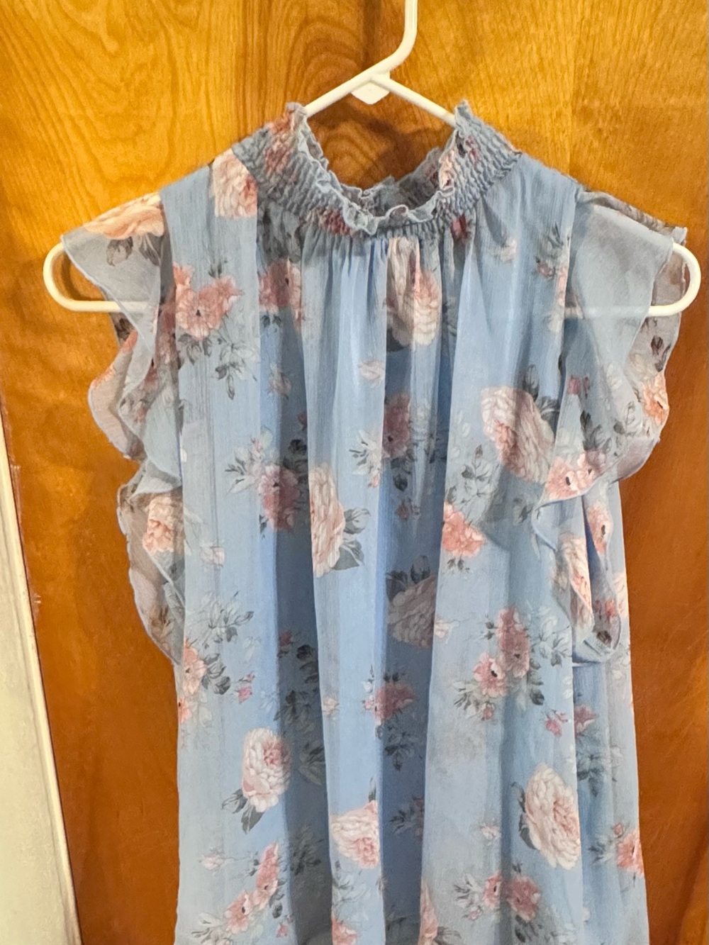 Melloday Light Blue Floral Ruffle Mock Neck Blouse